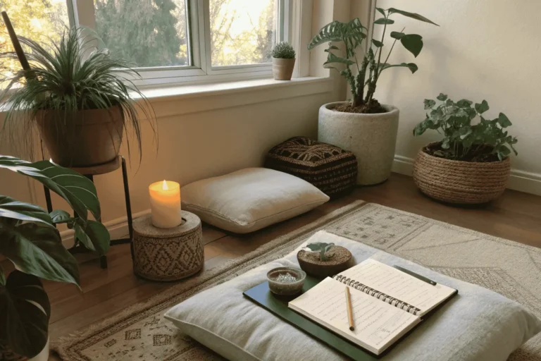 Meditation corner arranged for mindfulness exercises with candle, cushions, journal, and plants in peaceful natural light.