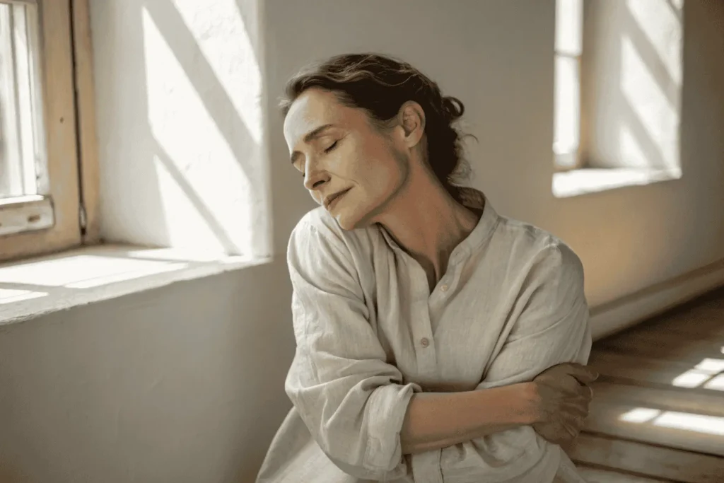 A woman practicing the Butterfly Embrace, a somatic self-hold that is one of the natural ways to learn how to heal your nervous system.