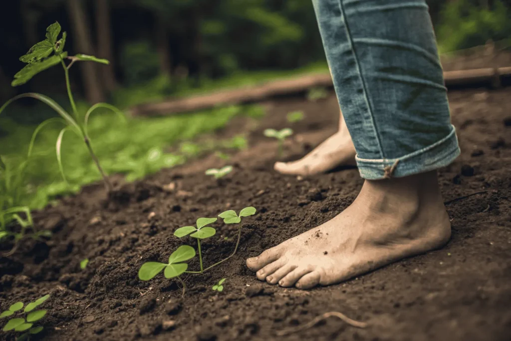 The Ritual of Rooting, a grounding exercise. Bare feet are planted on dark earth, a powerful example of simple energy healing techniques.