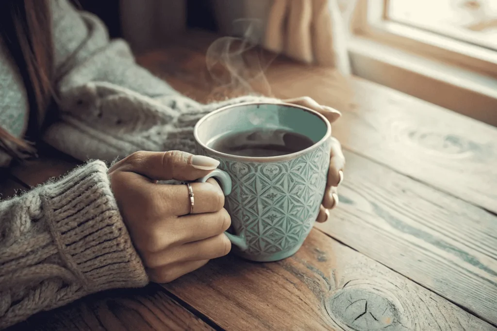 A woman's hands holding a warm mug, a simple ritual to connect with the receptive quality of her divine feminine energy.