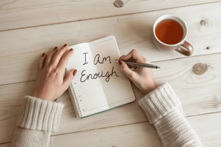 A woman's hands write a heartfelt daily affirmation for women in a journal. This practice of gentle self-talk is a ritual for self-love.