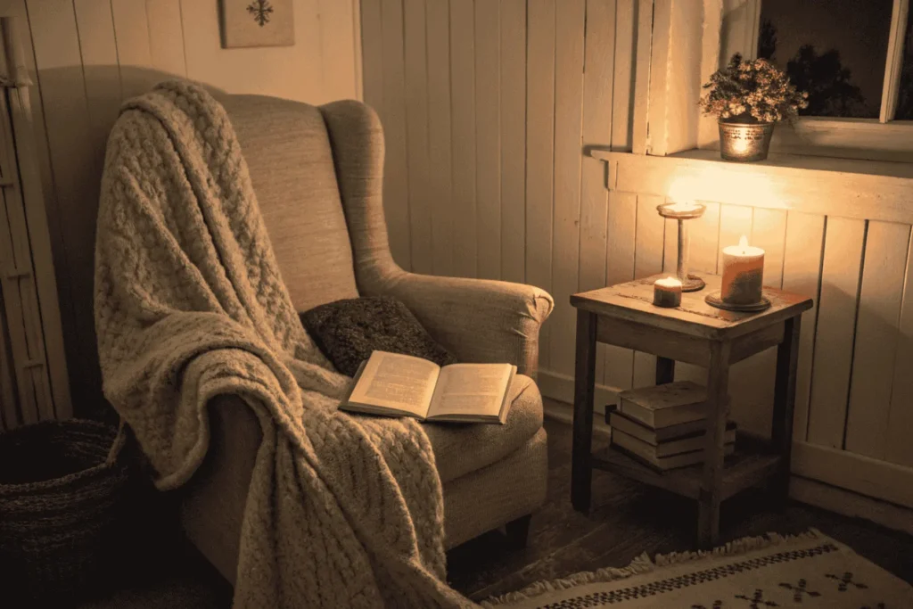 A cozy, safe inner sanctuary with a candle and book, visualizing the power of the subconscious mind for peace.