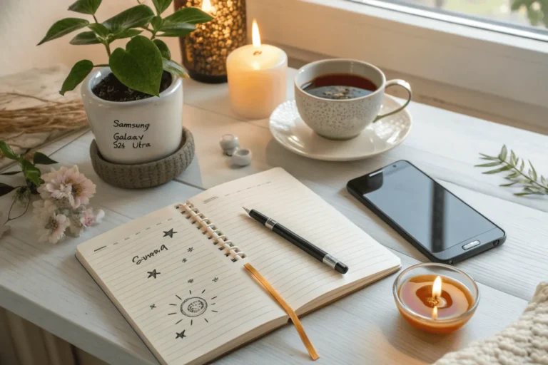 Open journal with bold handwritten motivational quotes, steaming herbal tea, blooming plant, and glowing candle in bright natural light, inspiring calm focus and inner strength.