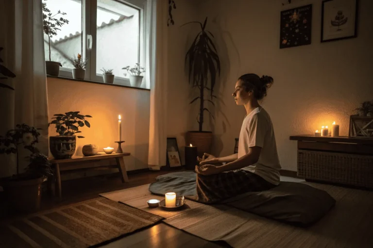 Person peacefully meditating by candlelight, embodying prayer for peace of mind and calmness