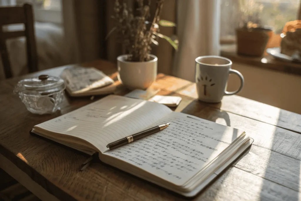 A close-up of an open journal with handwritten affirmations under warm natural light, symbolizing self-reflection