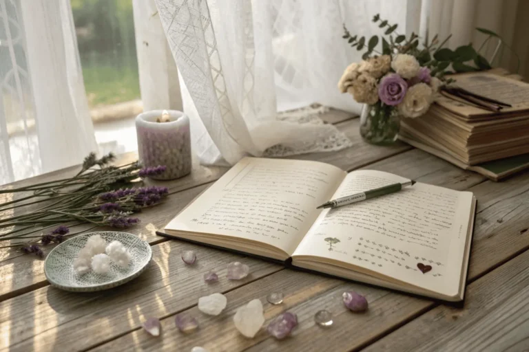Manifestation journal open on rustic wooden table with handwritten prompts, surrounded by crystals, fresh flowers, and soft natural light.