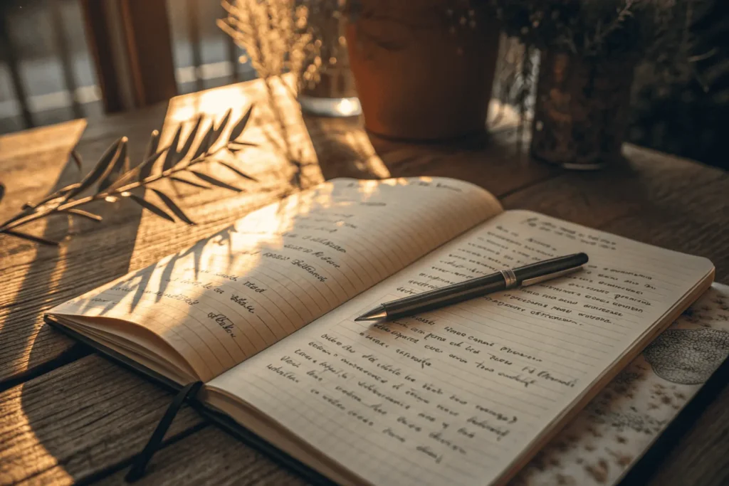 Handwritten close-up of manifestation journal entry with prompts, glowing in warm sunlight for intimate reflection.
