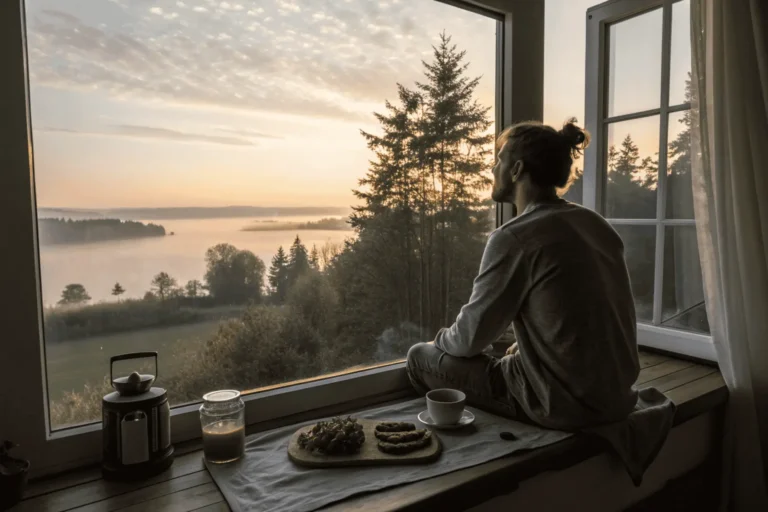 A peaceful morning scene with soft natural light creating a serene atmosphere for daily affirmations for men