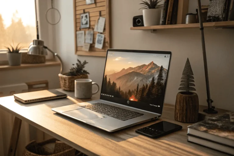 Inspiring mindset wallpaper displayed on a laptop in a cozy digital workspace, creating a peaceful and productive environment.