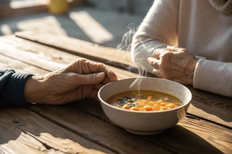 Hands resting by a bowl of warm soup, symbolizing the sacred pause and gratitude before enjoying soul food meals.