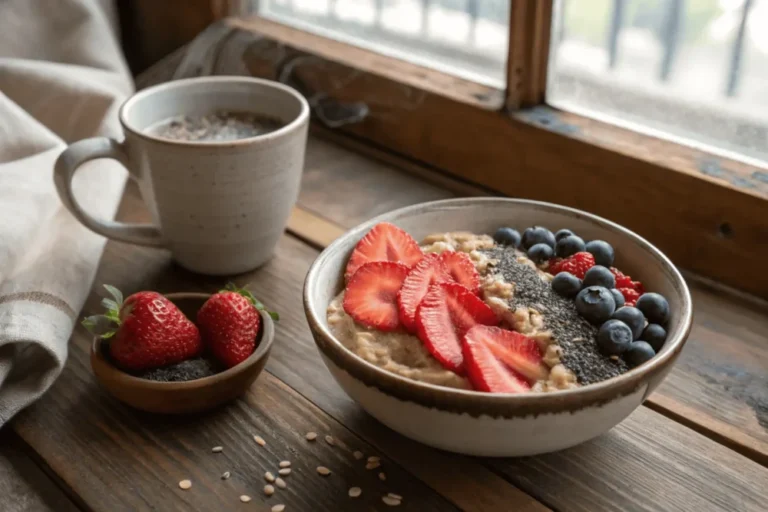 A warm and inviting healthy breakfast bowl of oatmeal with fresh berries, part of a mindful morning ritual to nourish the body and soul.