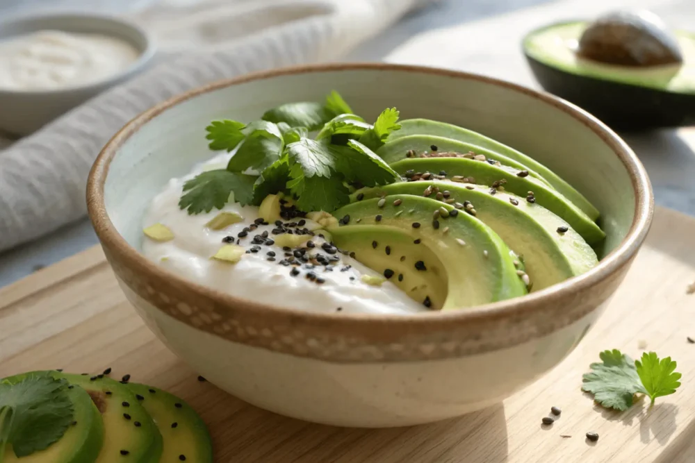 A vibrant and savory healthy breakfast bowl of yogurt with avocado, illustrating an intuitive and nourishing meal choice for a mindful start.