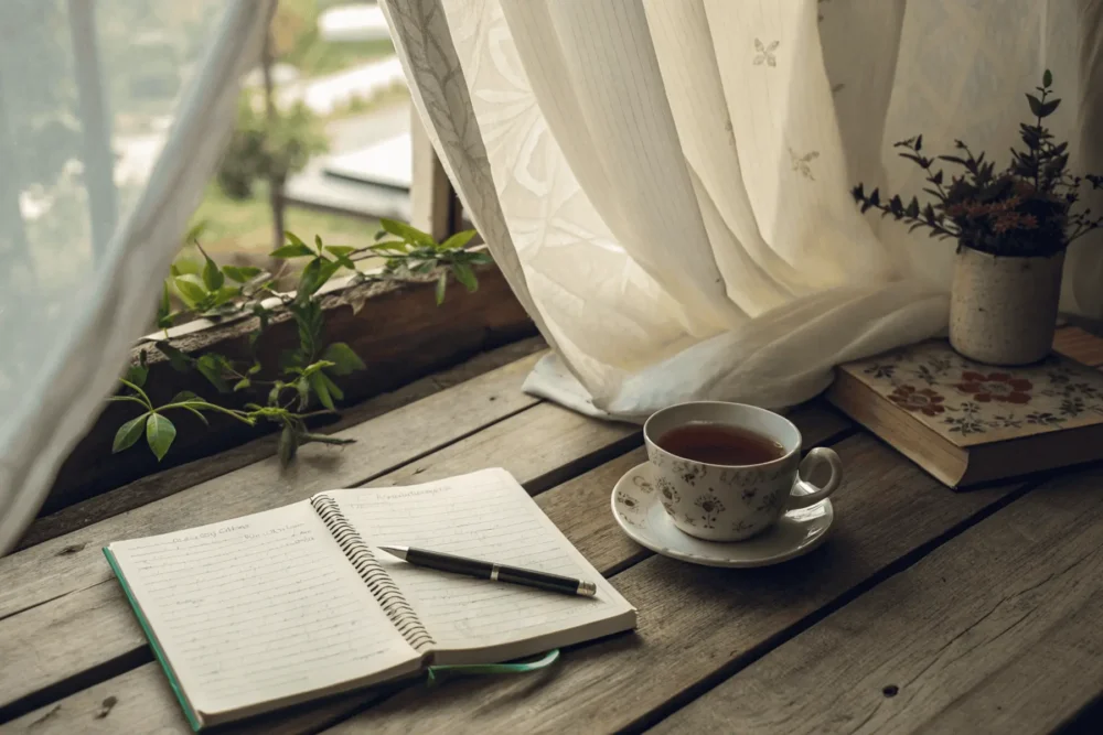 Cozy space with open journal and herbal tea evoking a mindful moment with words of wisdom.