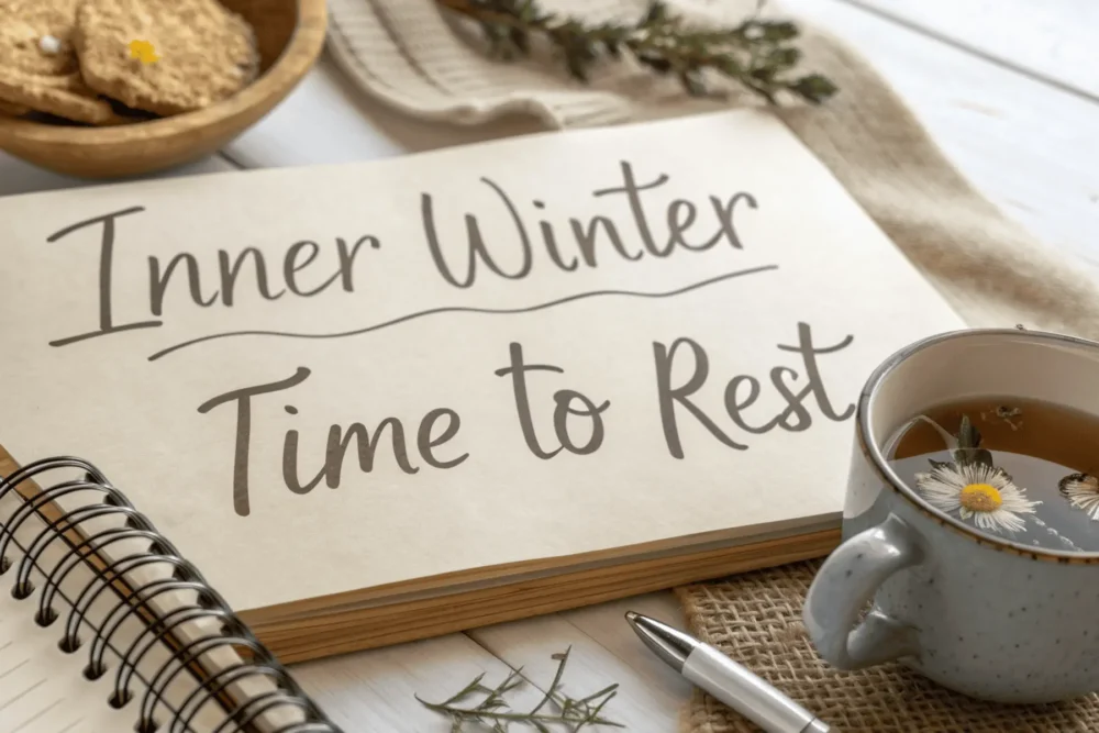 A journal entry for cycle syncing, showing "Inner Winter" written beside a warm cup of tea, symbolizing a time for rest and introspection.