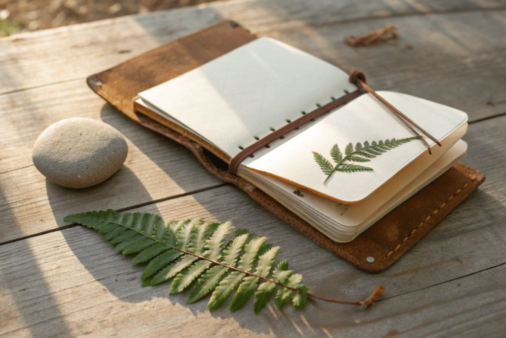Open journal with a stone and fern leaf, symbolizing daily rituals to integrate Higher Self wisdom.