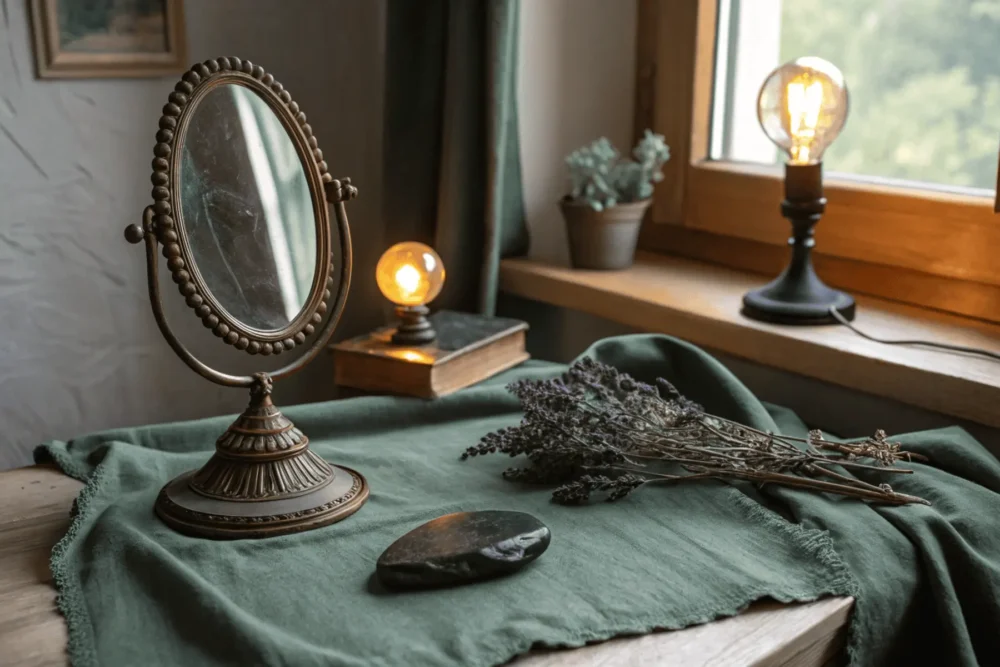 Bedroom decor details for dark feminine aesthetic sanctuary with crystals and amber light.