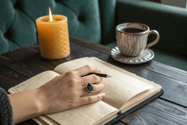 Cozy journaling setup for dark feminine aesthetic shadow work with candle and black ring.