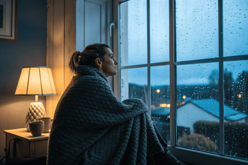 Woman wrapped in blanket practicing dark feminine aesthetic solitude by a rainy window.