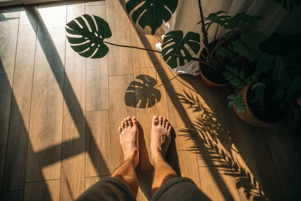 Bare feet grounding on wooden floor before somatic shaking exercise.