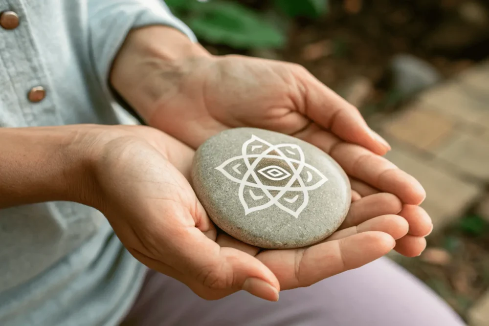 Hands holding a stone with spiritual symbols symbolizing inner guidance and words of wisdom.