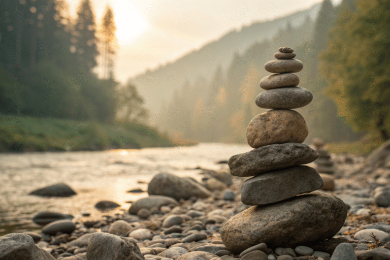 Balanced river stones, reflecting soft light, symbolizing the serene and grounded wisdom of the Higher Self.