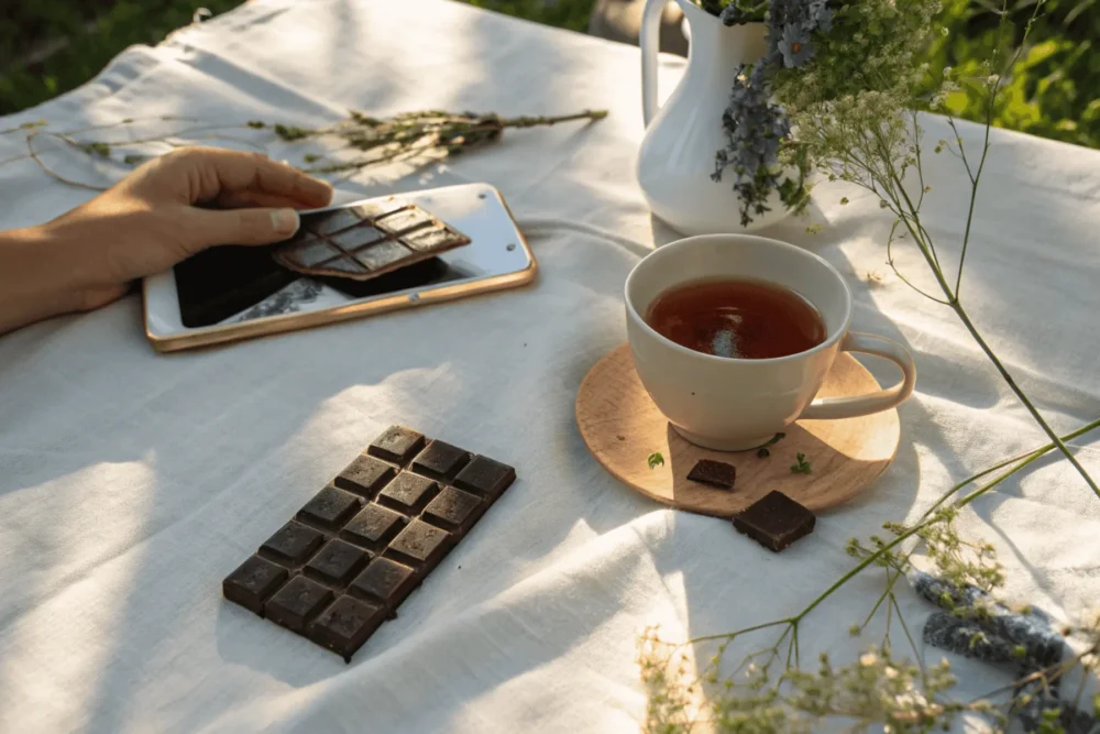 Dark chocolate and herbal tea for magnesium replenishment and soothing period cravings.