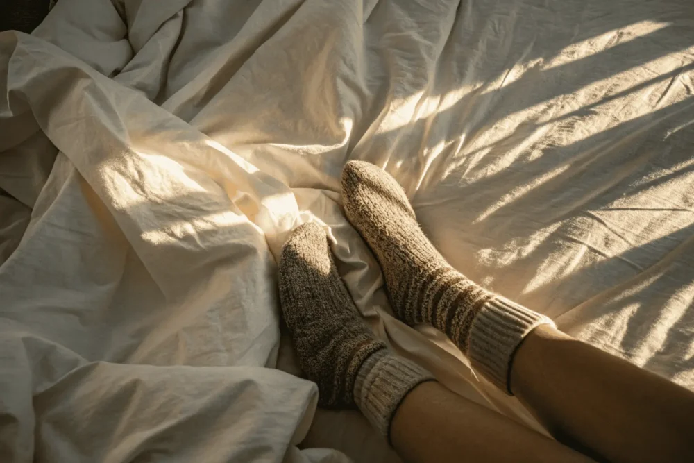 Feet in cozy socks on bed illustrating the micro-wiggle protocol for functional freeze.