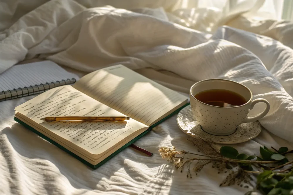 Journaling and herbal tea after somatic shaking practice.