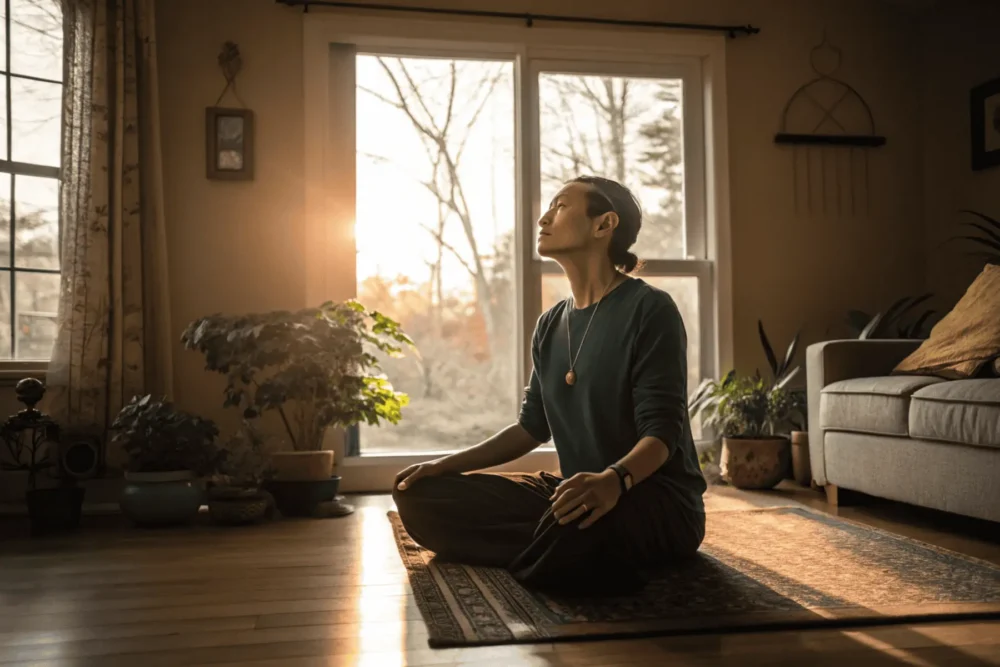 Person practicing Gravity Anchor Ritual with closed eyes, grounding and divine light visualization.