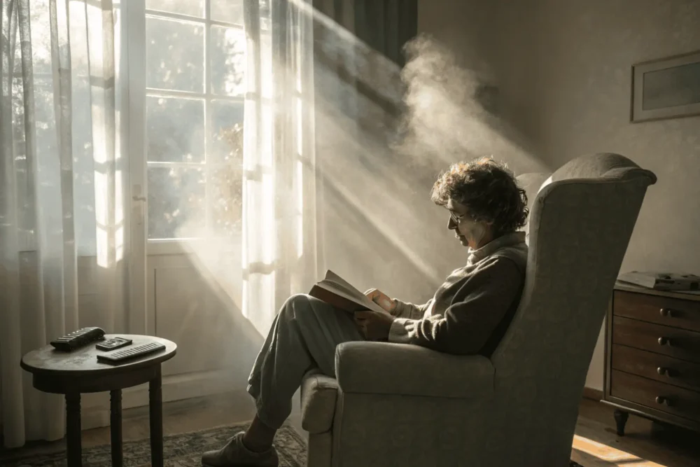 Woman reading a book as a main course activity on her dopamine menu.