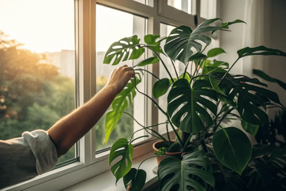 Hand touching plant leaves as a sensory starter activity for dopamine release.