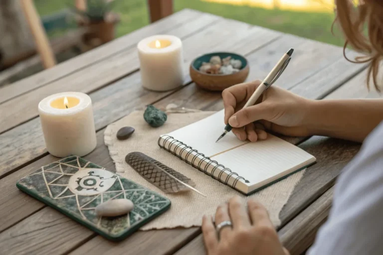 Spiritual ritual with journaling and symbolic objects for divine healing practice.
