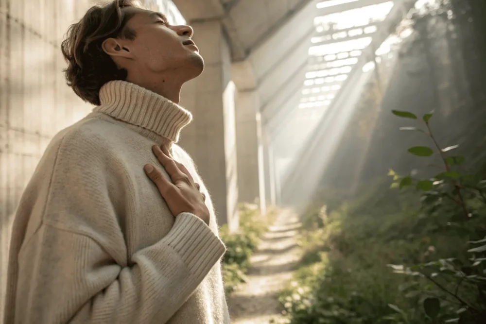 Hand on chest practicing somatic self-soothing to release functional freeze tension.