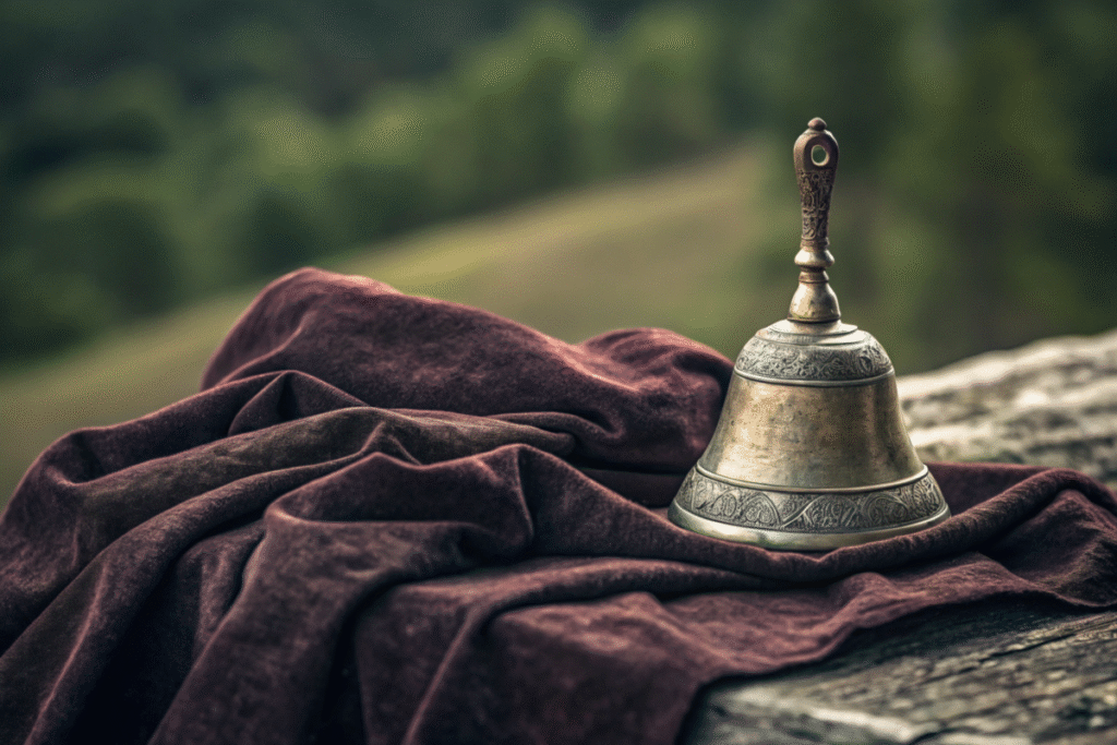 Antique silver bell resting silently on velvet, symbolizing quieting the ego to hear the Higher Self's whisper.