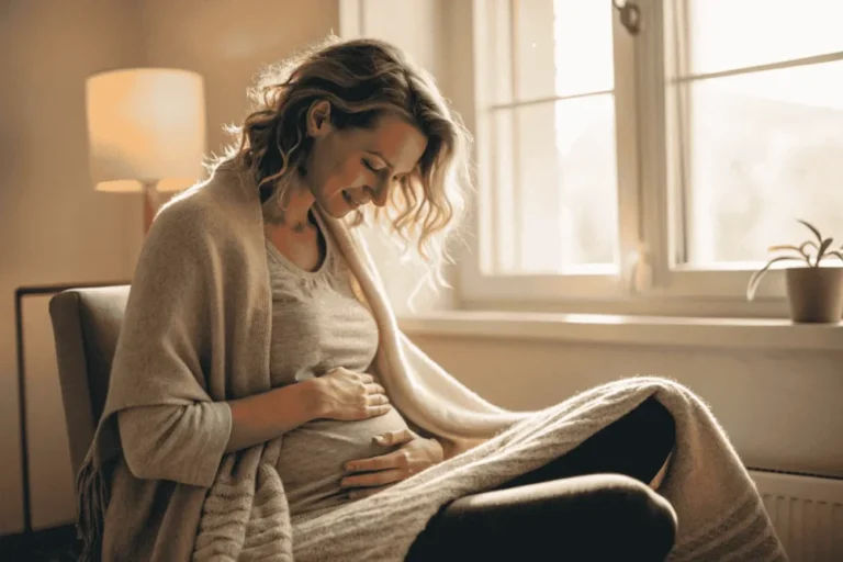 A woman practicing cycle syncing by gently placing a hand on her womb space, connecting with her body's wisdom and inner rhythm.