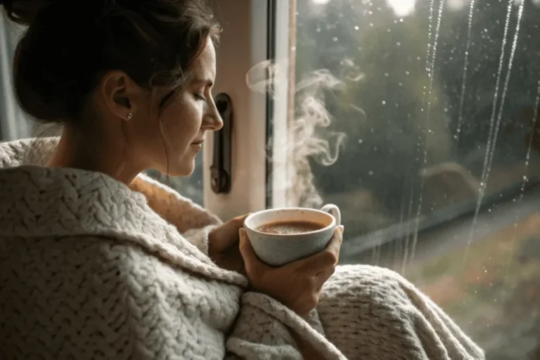 Woman holding a warm bowl of broth during menstrual phase for thermal nutrition and comfort.