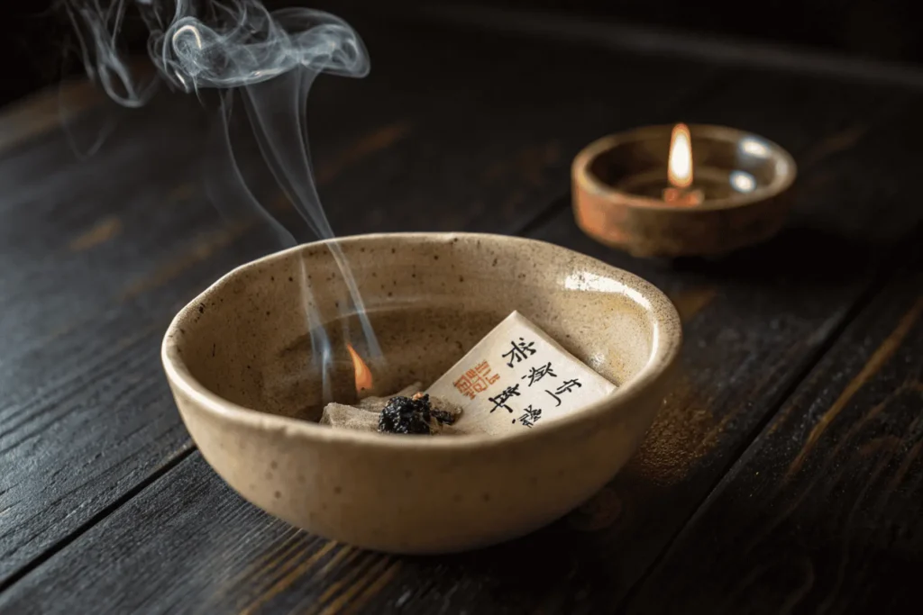 A small piece of paper burning in a bowl during the releasing part of a new moon ritual, symbolizing letting go of old energy.