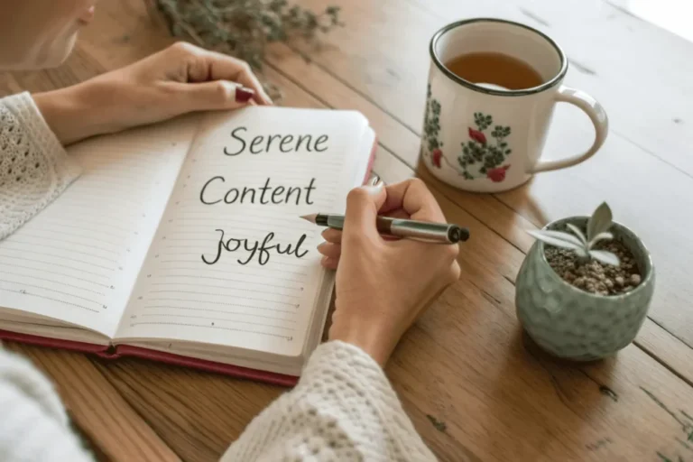 A woman writing powerful words for happy like serene and joyful in her journal, an act of cultivating a positive mindset and emotional vocabulary.