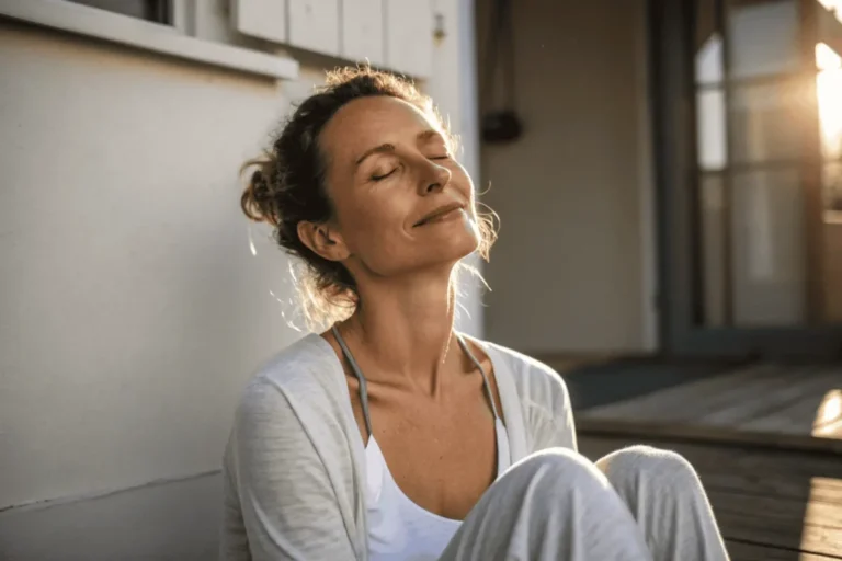 Woman sitting with eyes closed and inner light radiating, symbolizing the completed holistic transformation of how to glow up.