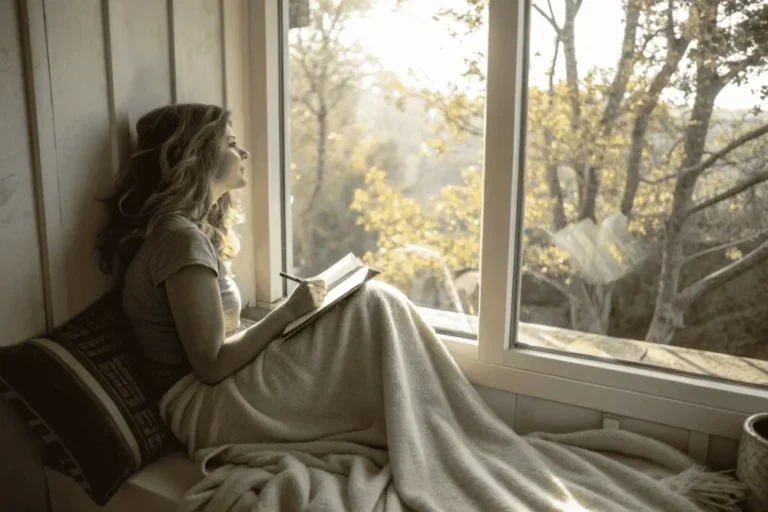 Woman practicing cyclical living by resting with a journal in a sun-drenched room to prevent burnout.