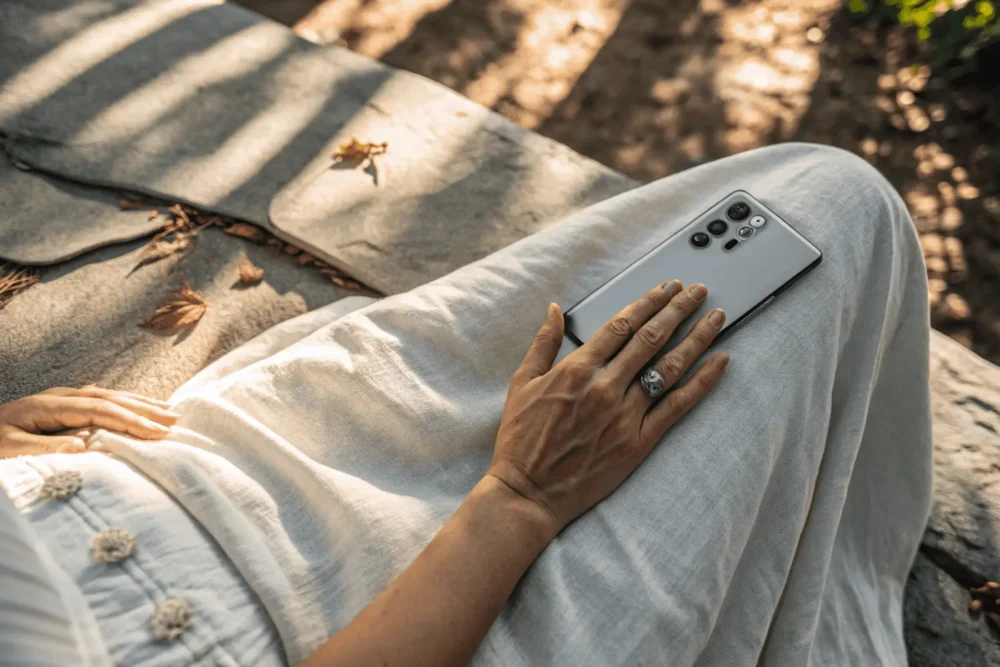 Hand placed on the lower belly to connect with the sacral chakra and trauma stored in hips.