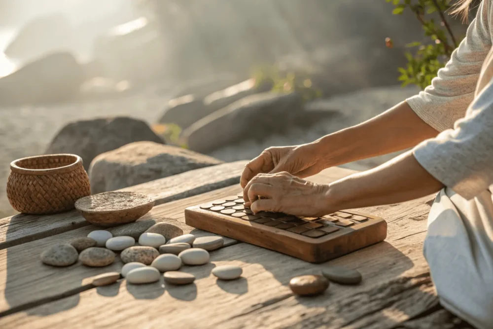 Hands engaging in stimming with smooth stones for somatic regulation and nervous system healing.