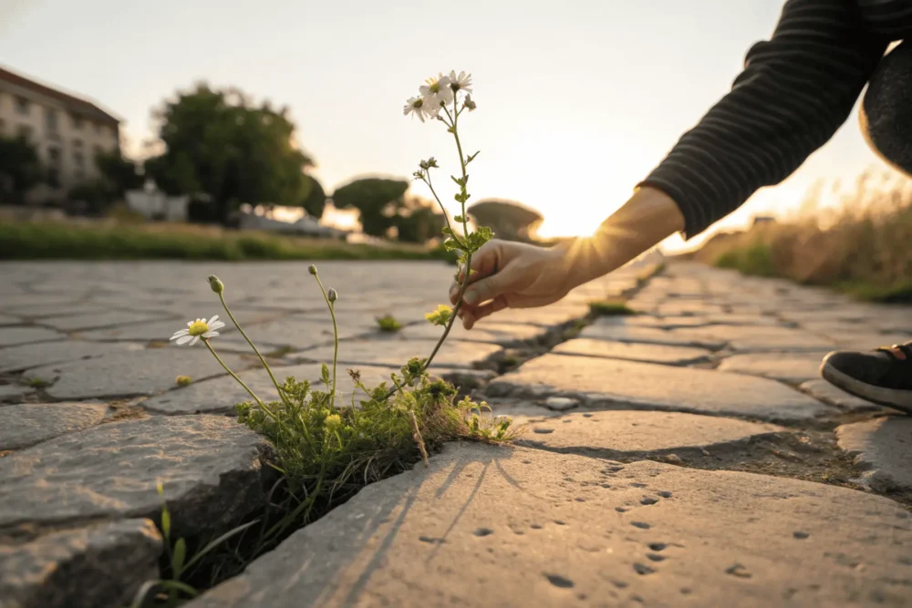 Hand touching a flower during the 5-second savor ritual to ground the nervous system.