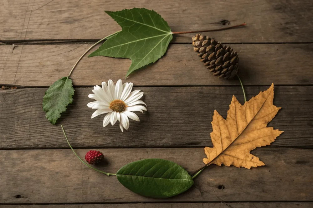 Nature elements arranged in a circle representing the four phases of the menstrual cycle and cyclical living