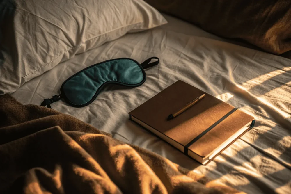 Eye mask and journal for sensory blackout ritual to heal autistic burnout symptoms.