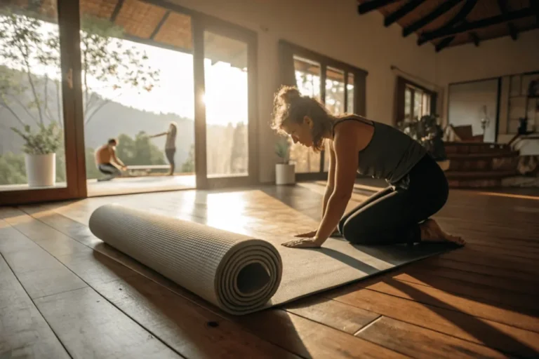 Woman practicing pigeon pose yoga to release trauma stored in hips and emotional tension.