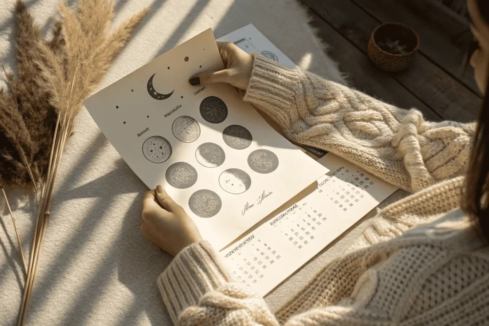 Hand holding a moon phase calendar to track internal seasons for cyclical living alignment.
