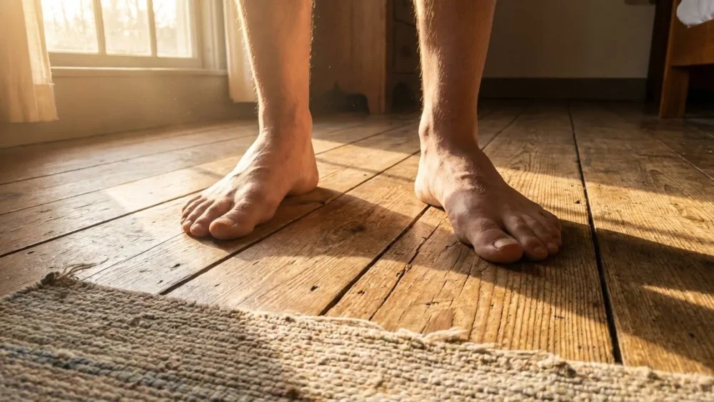 Bare feet grounding on wooden floor to anchor the nervous system against fawning