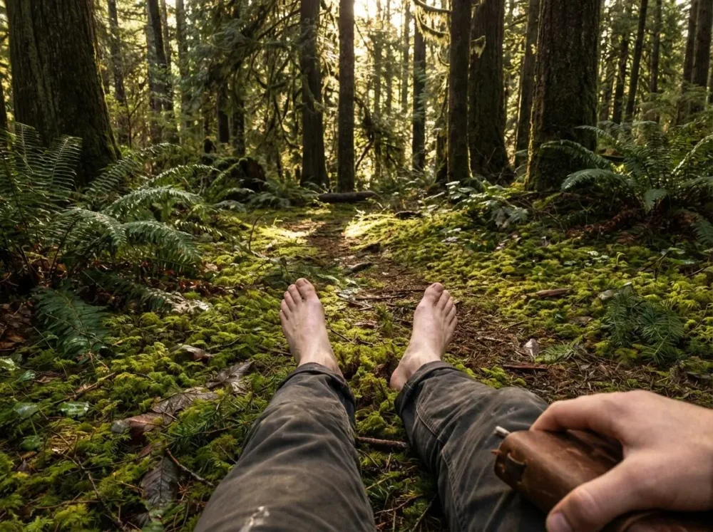 Grounding walk in a sun-dappled forest to regulate the nervous system and thaw freeze.