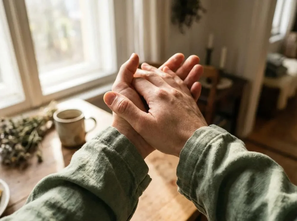 Close-up of hands performing a somatic friction ritual to heal functional freeze.
